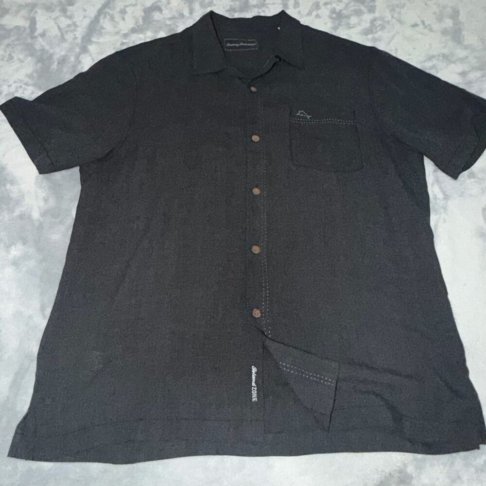 Tommy Bahama Island Zone Mens L Black Silk Blend Camp Shirt Short Sleeve